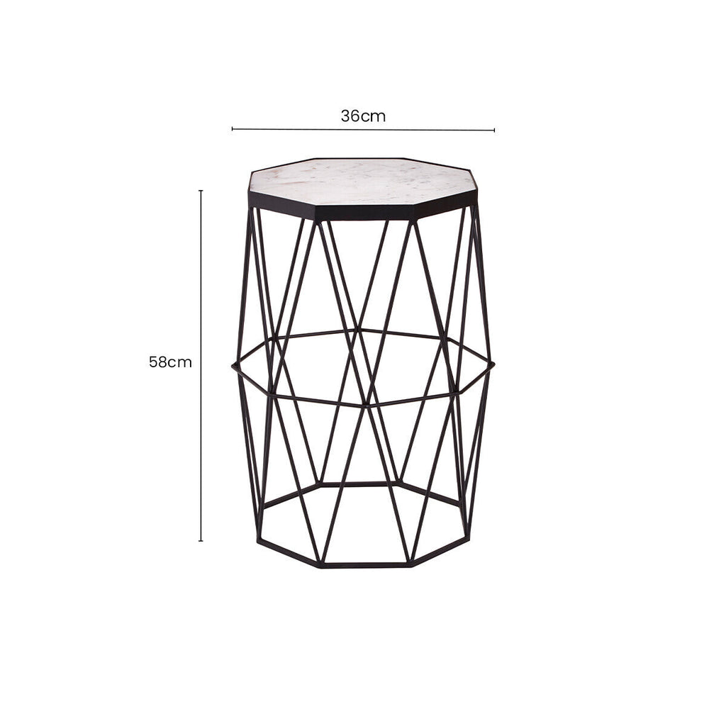 White Marble Top Octagonal Side Table with Black Finish Metal Base | Shalimar