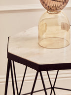 White Marble Top Octagonal Side Table with Black Finish Metal Base | Shalimar