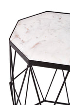 White Marble Top Octagonal Side Table with Black Finish Metal Base | Shalimar
