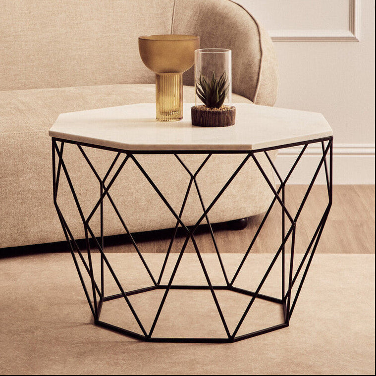 White Marble Top Octagon Table with Black Iron Wireframe Base, Shalimar