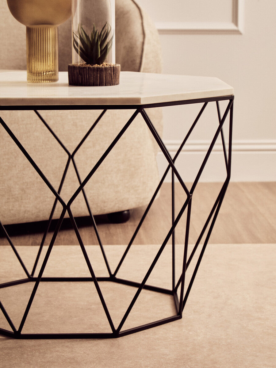 White Marble Top Octagon Table with Black Iron Wireframe Base, Shalimar