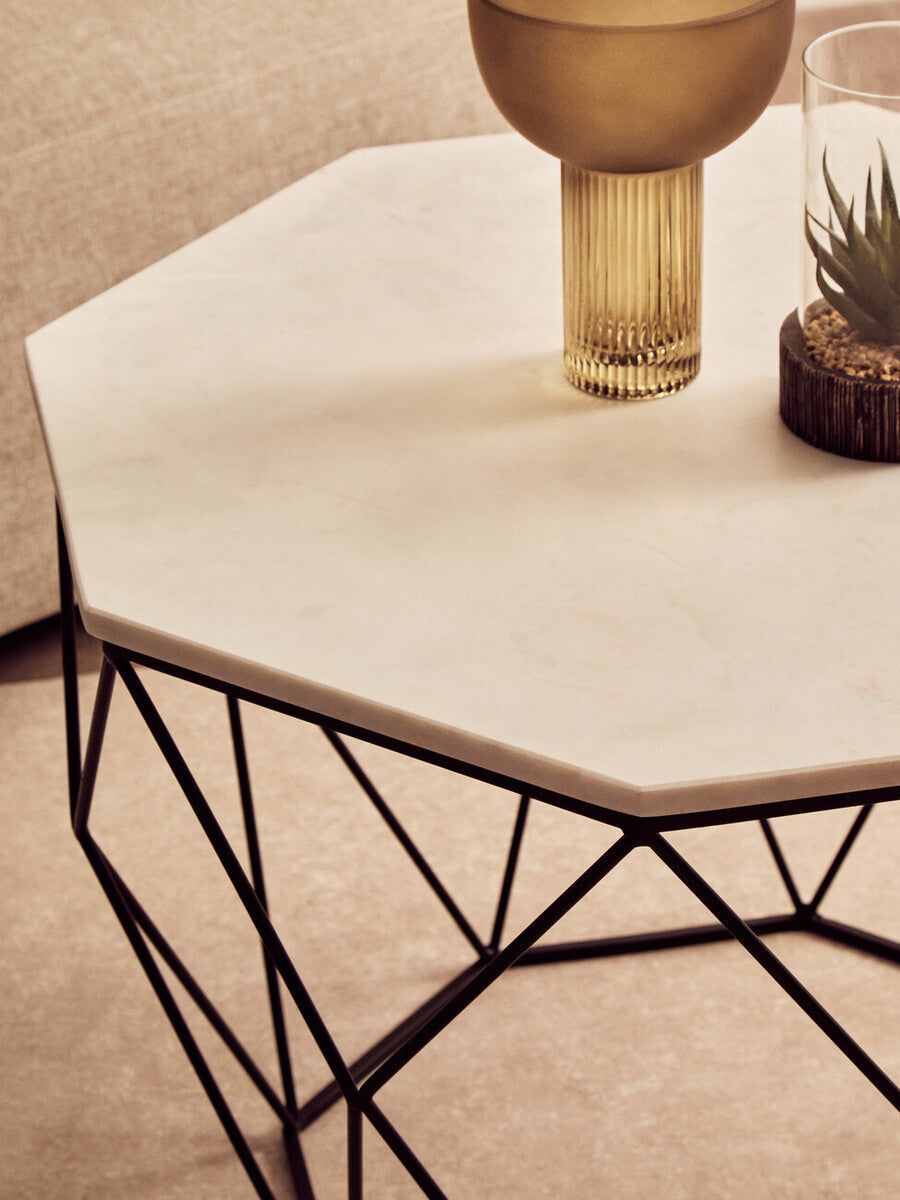 White Marble Top Octagon Table with Black Iron Wireframe Base, Shalimar