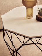 White Marble Top Octagon Table with Black Iron Wireframe Base, Shalimar