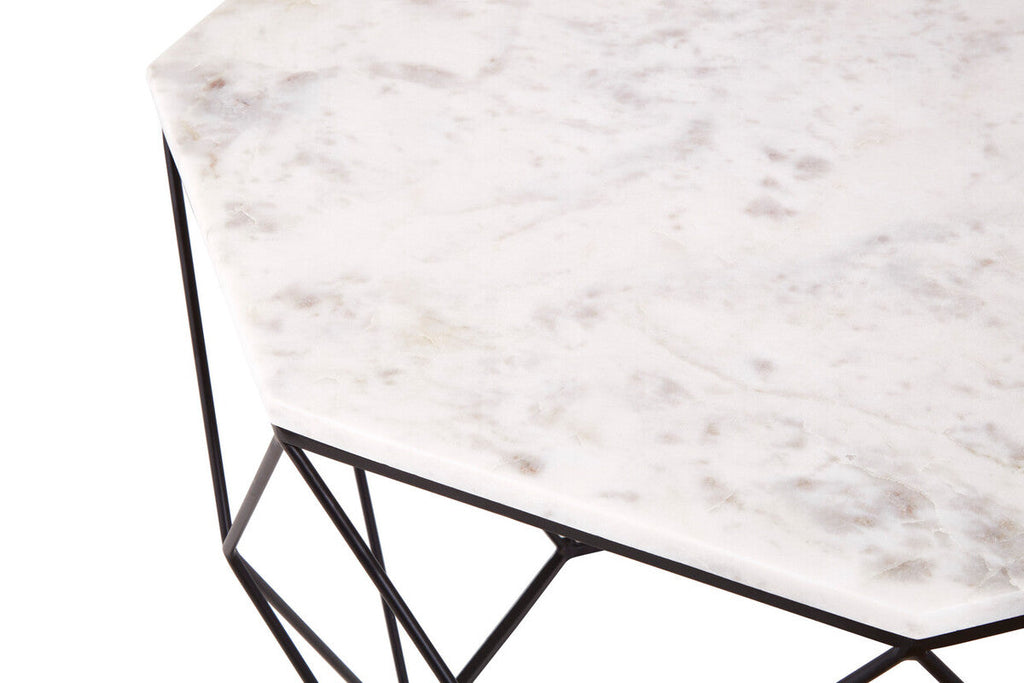 White Marble Top Octagon Table with Black Iron Wireframe Base, Shalimar