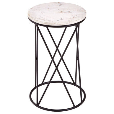 White Marble Top Square Side Table with Black Cross Design Finish Metal Base | Shalimar