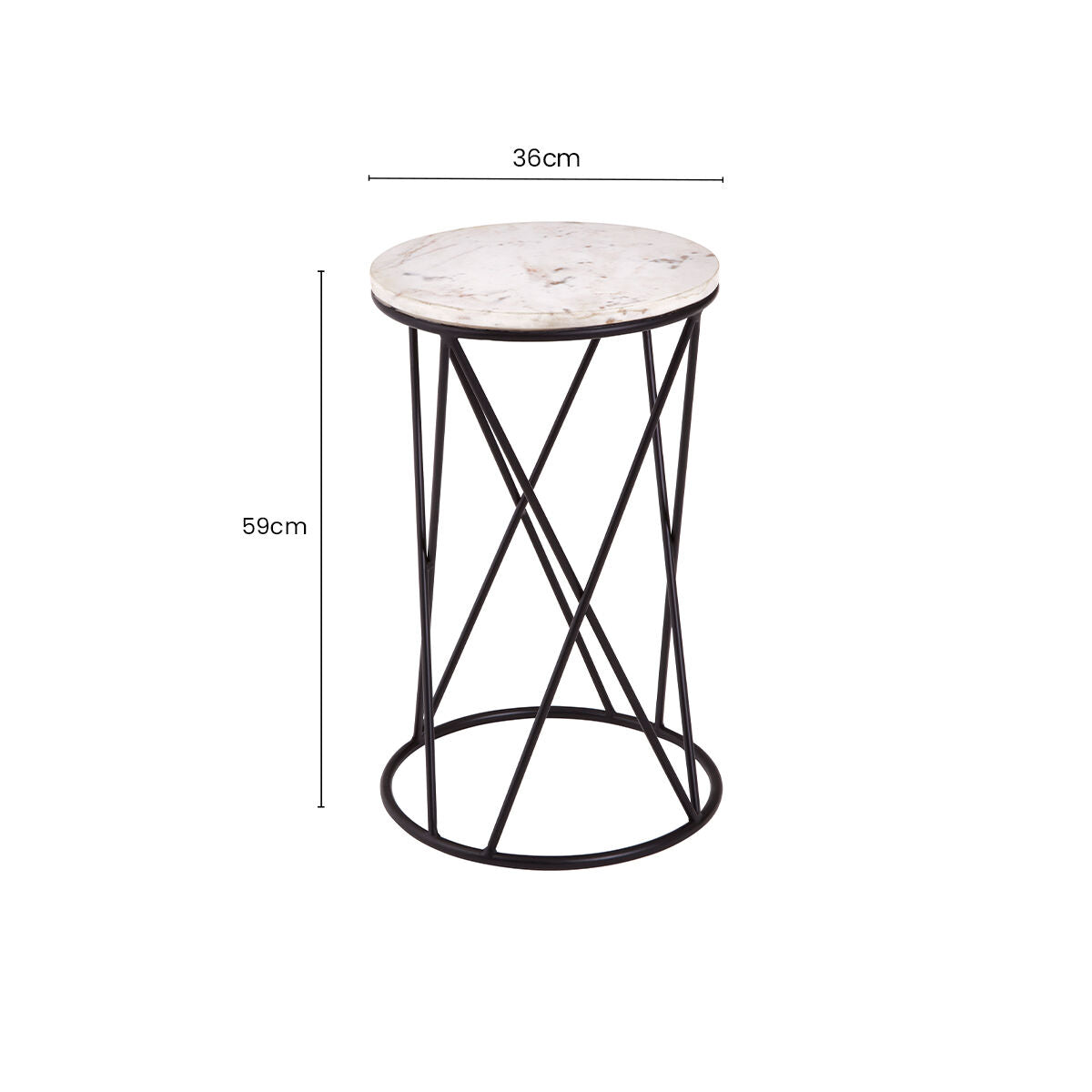 White Marble Top Square Side Table with Black Cross Design Finish Metal Base | Shalimar