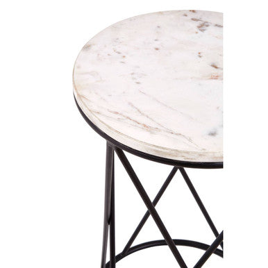 White Marble Top Square Side Table with Black Cross Design Finish Metal Base | Shalimar