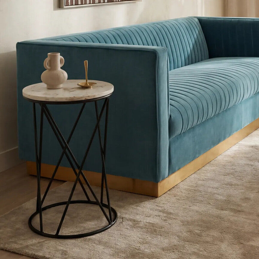 White Marble Top Square Side Table with Black Cross Design Finish Metal Base | Shalimar