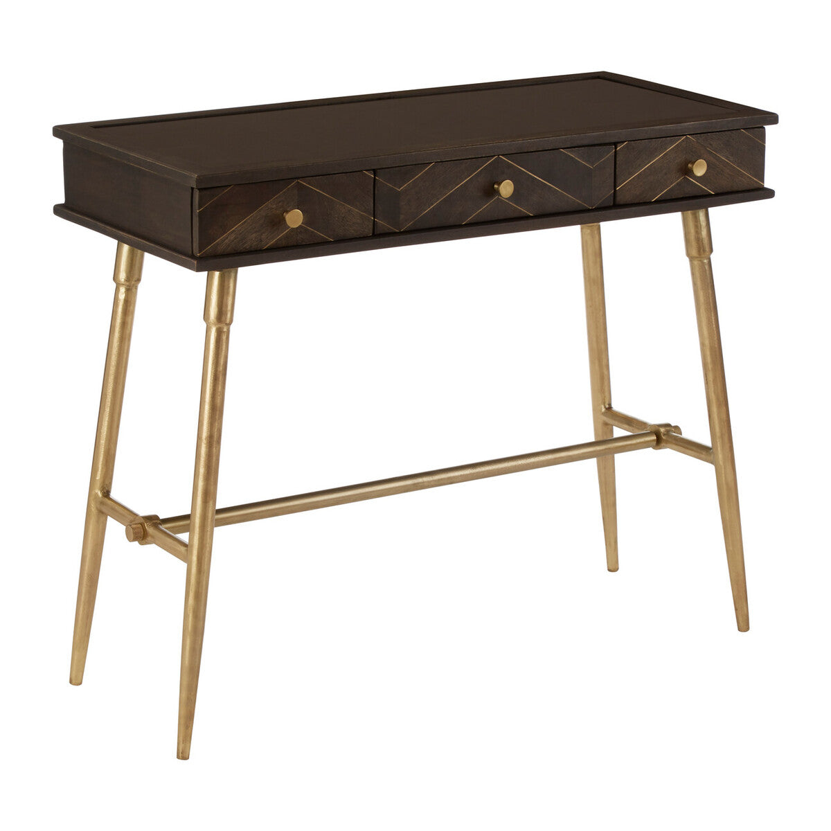 Grey Glass Top 3 Drawer Console Table in Gold Finish Frame | Sagor