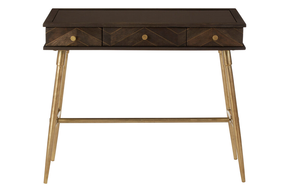 Grey Glass Top 3 Drawer Console Table in Gold Finish Frame | Sagor