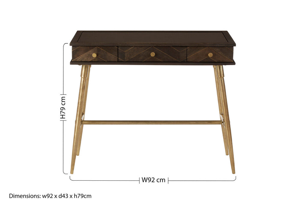Grey Glass Top 3 Drawer Console Table in Gold Finish Frame | Sagor