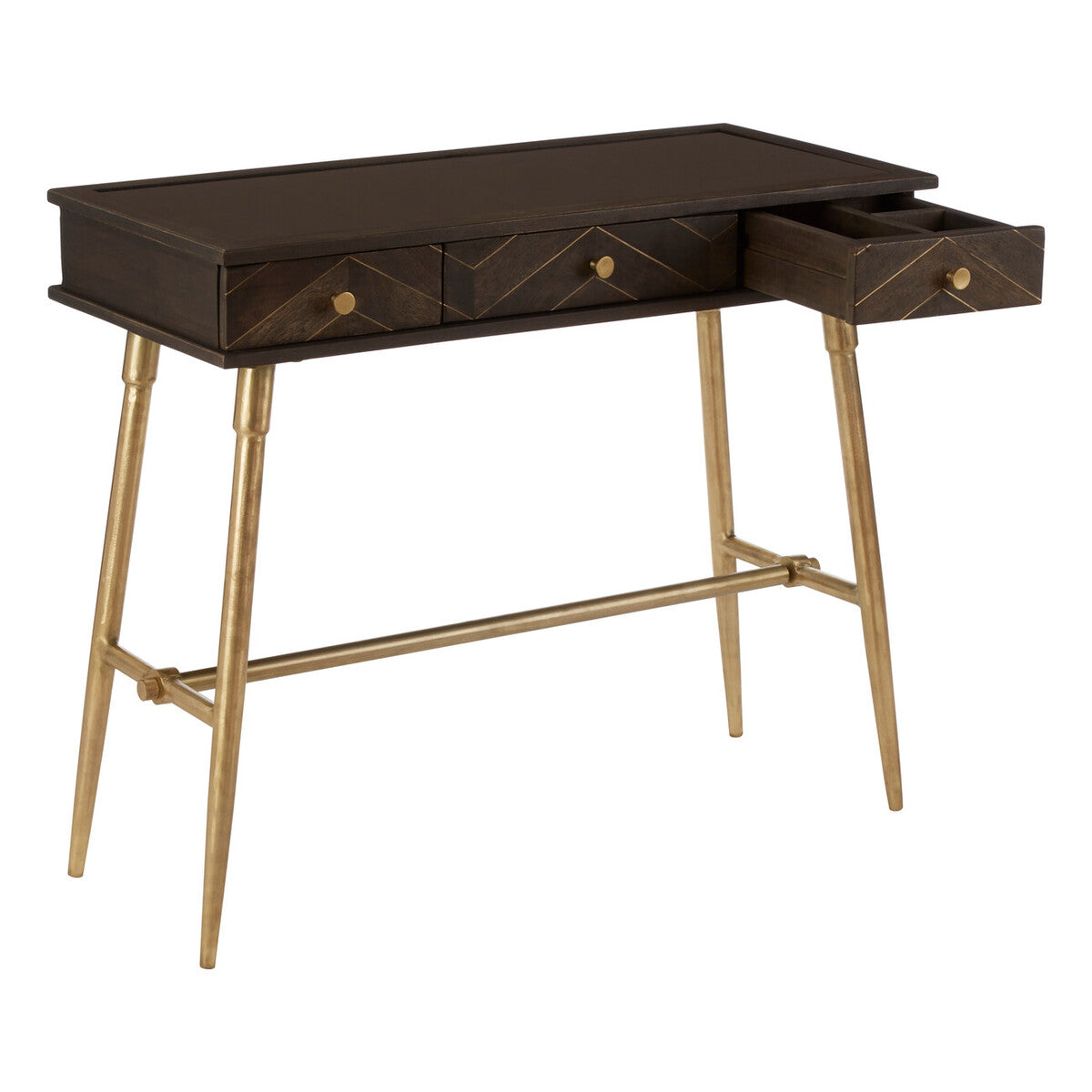 Grey Glass Top 3 Drawer Console Table in Gold Finish Frame | Sagor