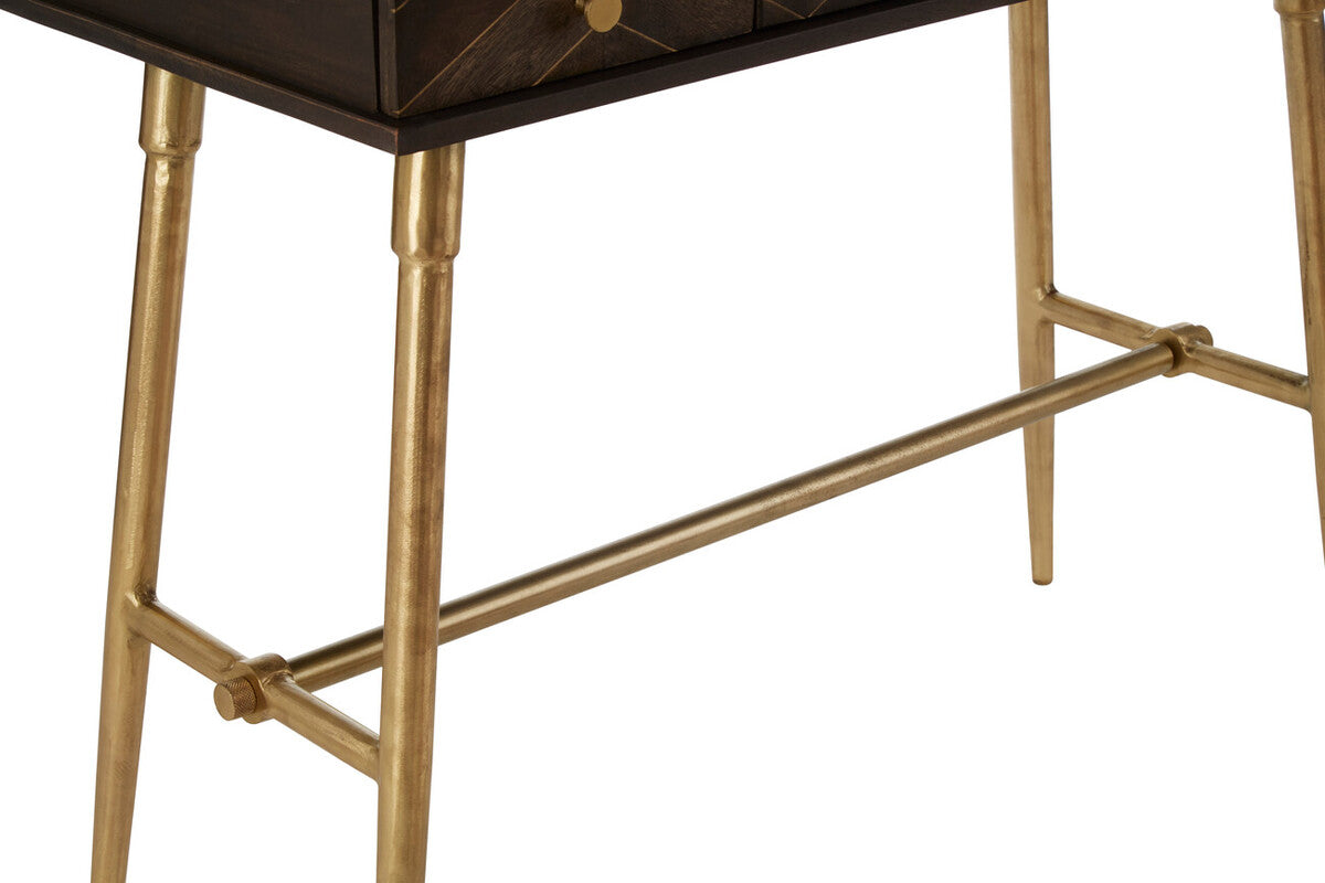 Grey Glass Top 3 Drawer Console Table in Gold Finish Frame | Sagor