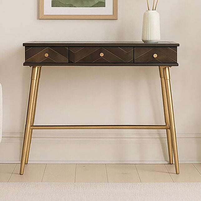 Grey Glass Top 3 Drawer Console Table in Gold Finish Frame | Sagor