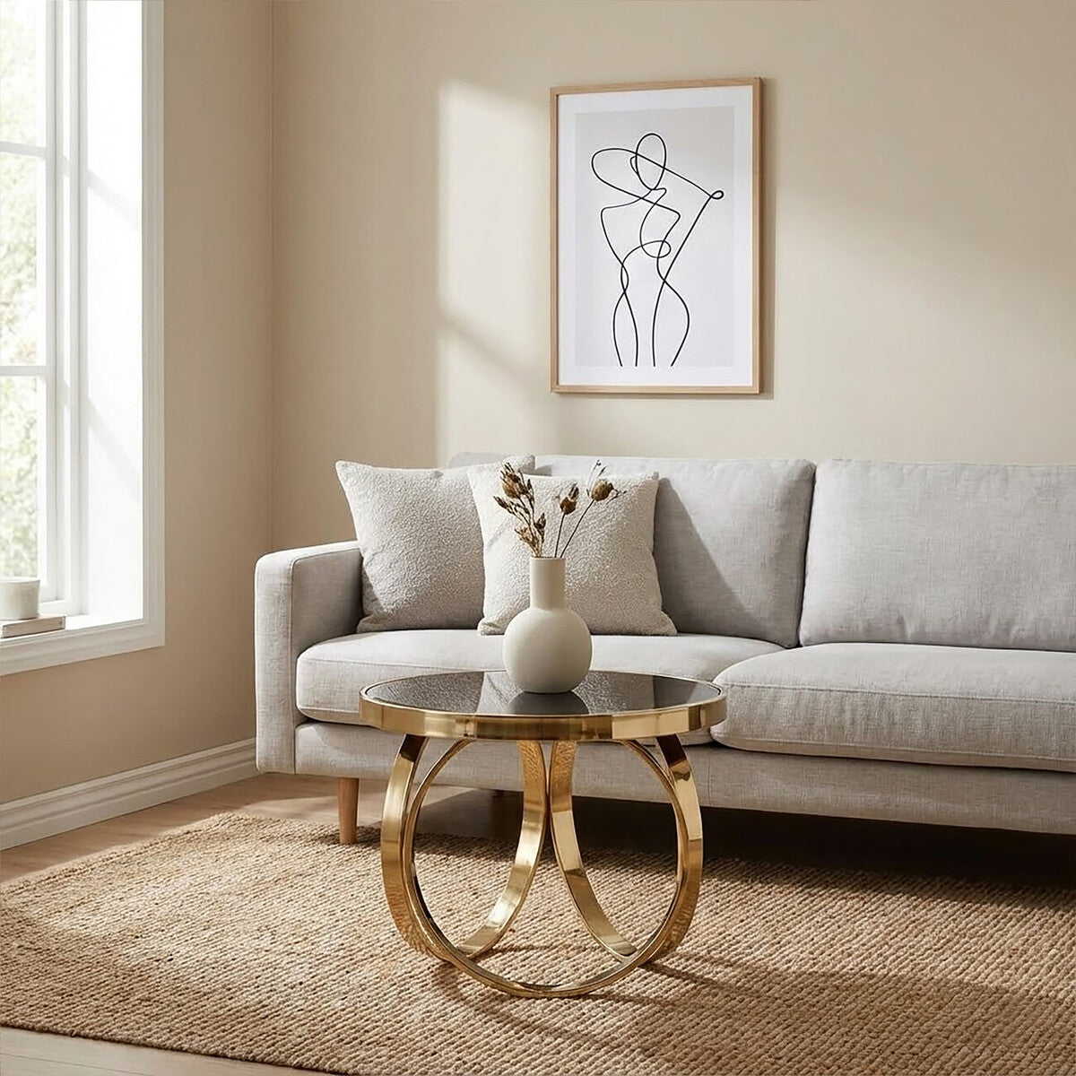 Mirrored Black Round Top Coffee Table with Gold Stainless Steel Ring Base, Ragusa
