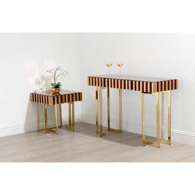 Gold Mirrored Top Console Table with 1 Storage Drawer and Gold Polished Stainless Steel Frame | Rivoli