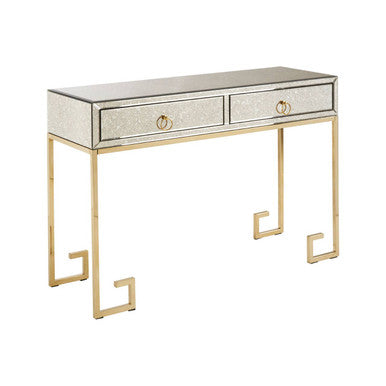 Gold Antique Mirrored Glass and Steel Frame Console Table with 2 Drawers, Rieti