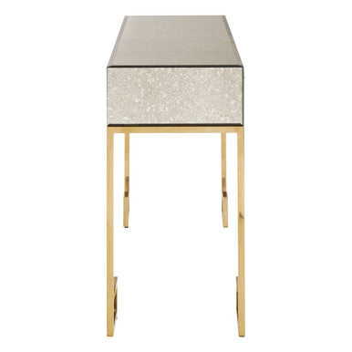 Gold Antique Mirrored Glass and Steel Frame Console Table with 2 Drawers, Rieti