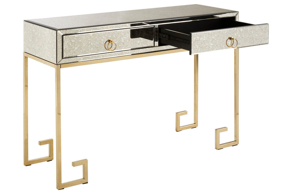 Gold Antique Mirrored Glass and Steel Frame Console Table with 2 Drawers, Rieti
