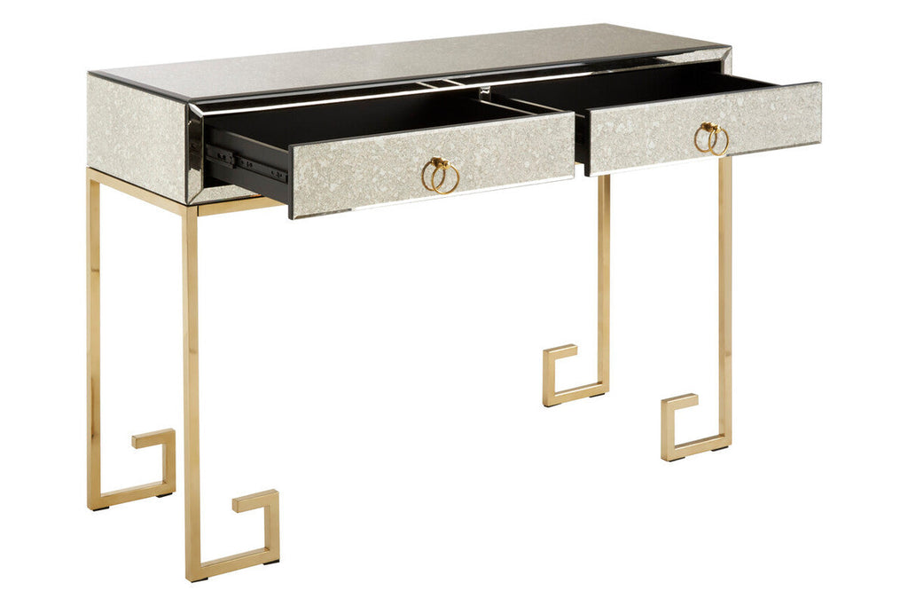 Gold Antique Mirrored Glass and Steel Frame Console Table with 2 Drawers, Rieti