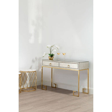 Gold Antique Mirrored Glass and Steel Frame Console Table with 2 Drawers, Rieti