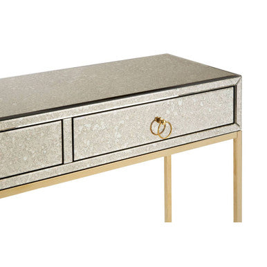 Gold Antique Mirrored Glass and Steel Frame Console Table with 2 Drawers, Rieti