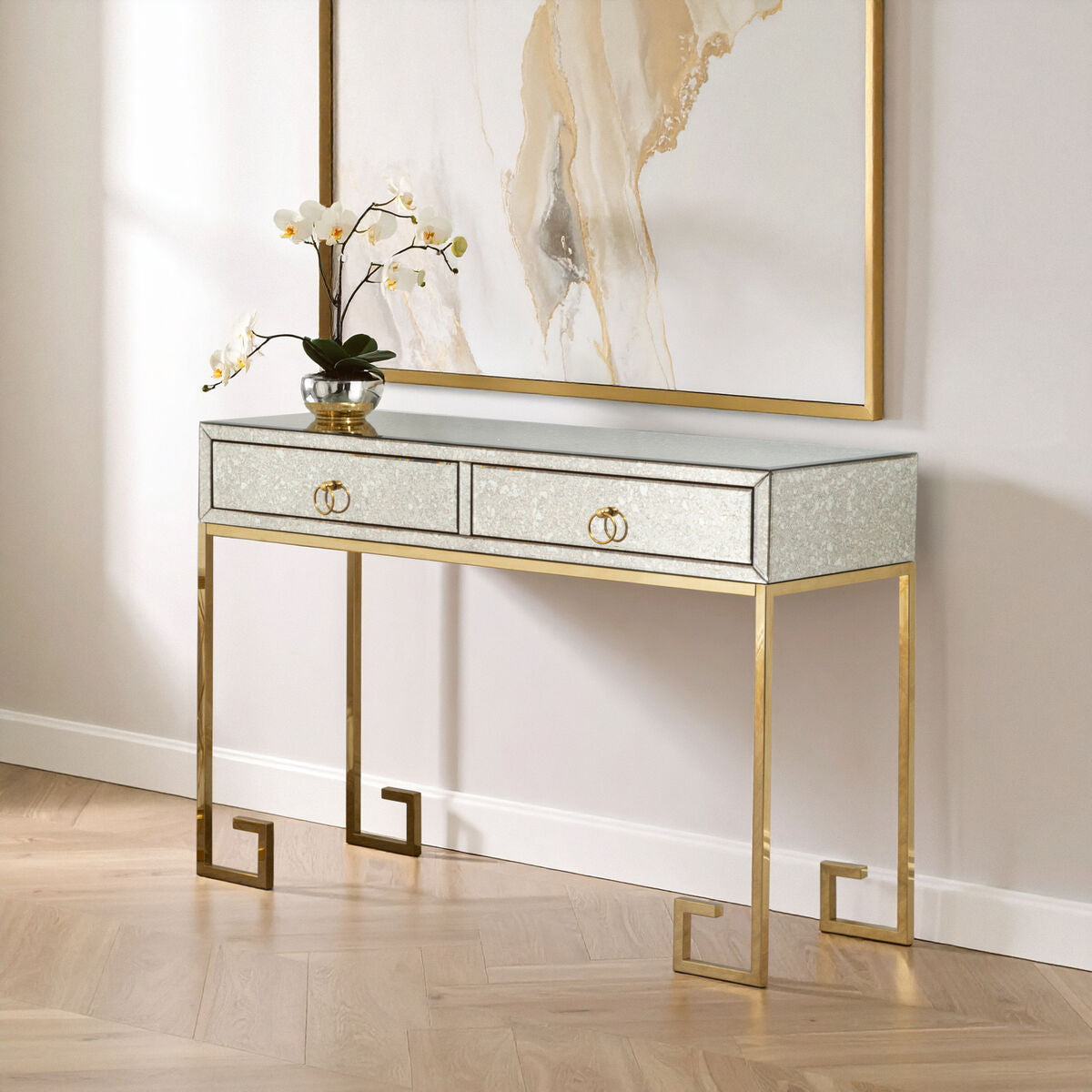 Gold Antique Mirrored Glass and Steel Frame Console Table with 2 Drawers, Rieti