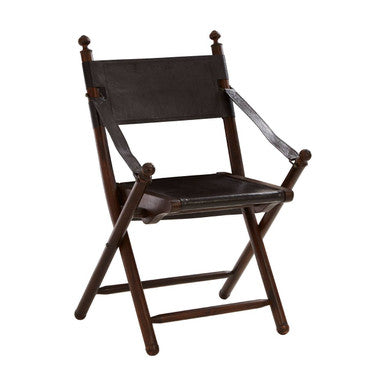 Inca Black Leather and Teak Wood Folding Chair