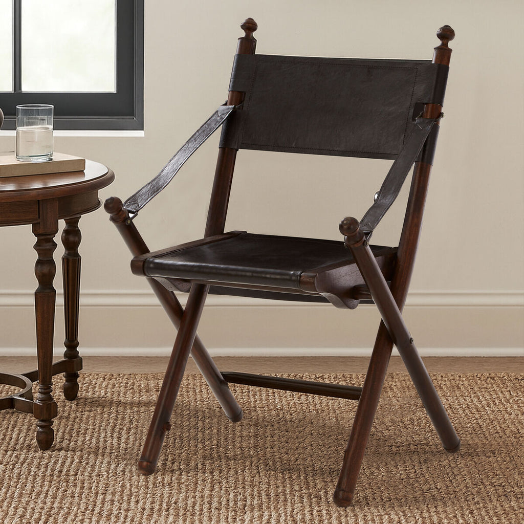 Black Leather and Teak Wood Folding Chair | Inca
