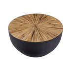 Natural Starburst Patterned Wood Top Round Ebony Small Console Table with Grey Bamboo Base | Gabo