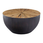 Natural Starburst Patterned Wood Top Round Ebony Small Console Table with Grey Bamboo Base | Gabo