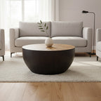 Natural Starburst Patterned Wood Top Round Ebony Small Console Table with Grey Bamboo Base | Gabo