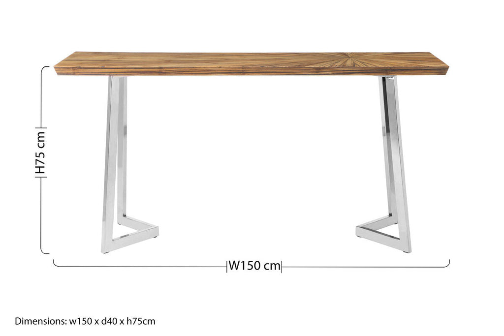 Natural Textured Bamboo Top Console Table with Silver Stainless Steel Frame, Gabar