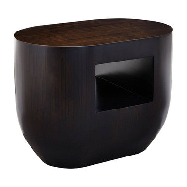 Black Oval Ebony Bamboo Side Table with Curved Edges and Undershelf Storage | Gabelle