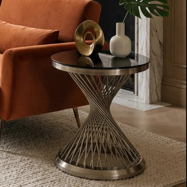 Black Hourglass Top Side Table with Silver Stainless Steel Base | Anzio