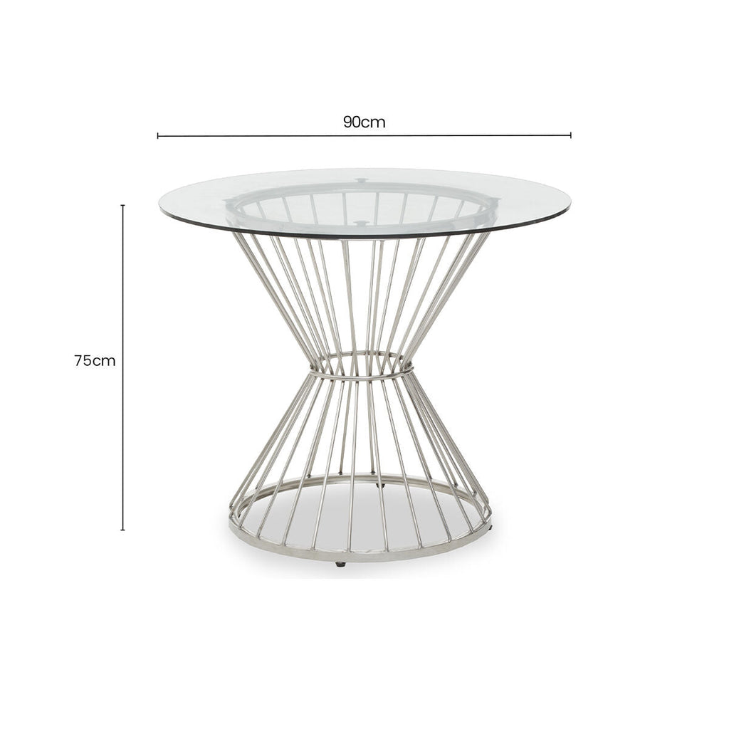 Hourglass Dining Table with Clear Glass Top and Silver Base | Anzio