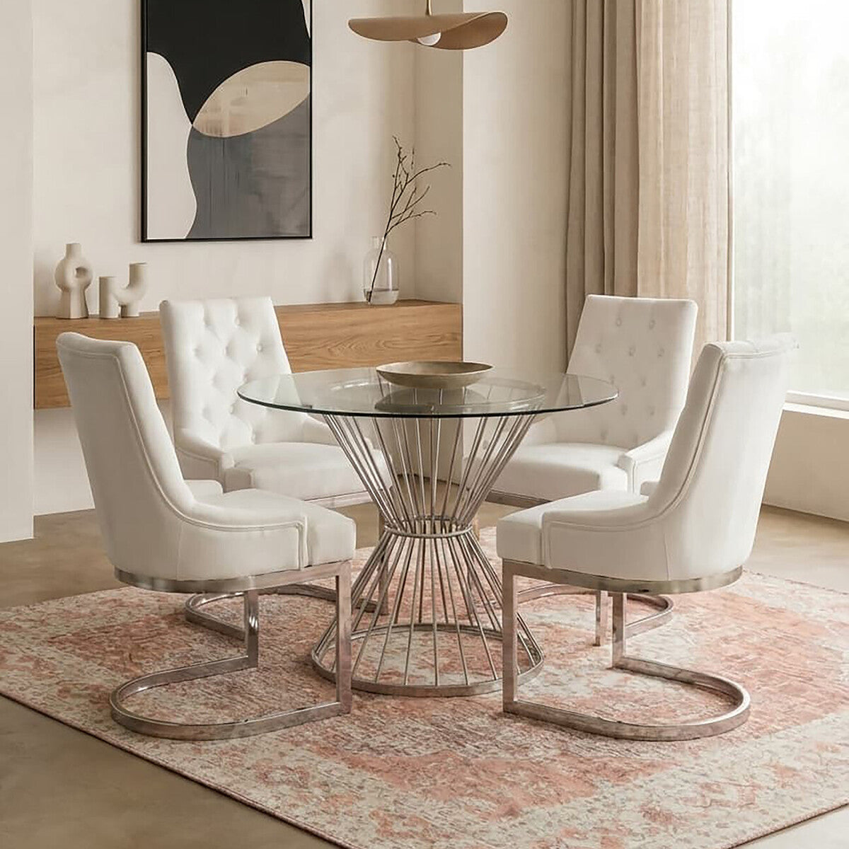 Hourglass Dining Table with Clear Glass Top and Silver Base | Anzio