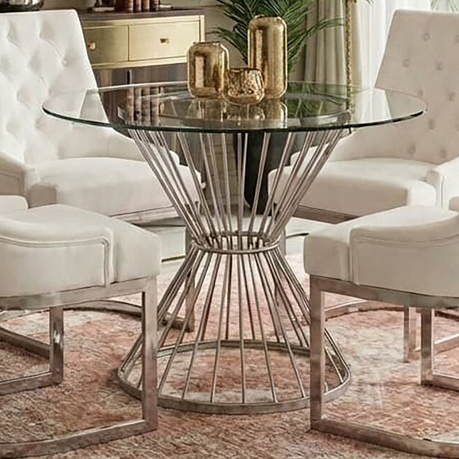 Hourglass Dining Table with Clear Glass Top and Silver Base | Anzio