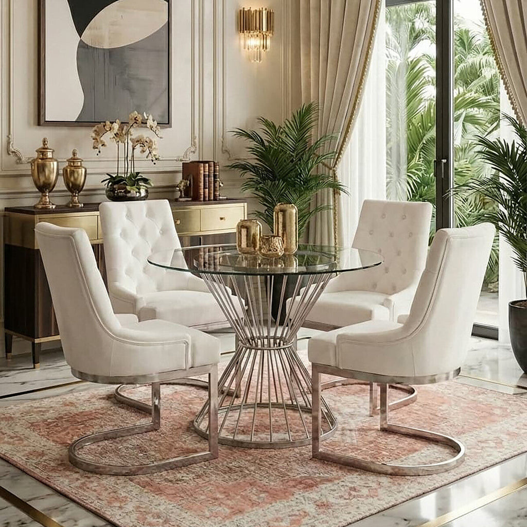 Hourglass Dining Table with Clear Glass Top and Silver Base | Anzio