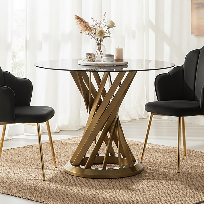Black Glass Top and Gold Hourglass Base Dining Table | Anzio
