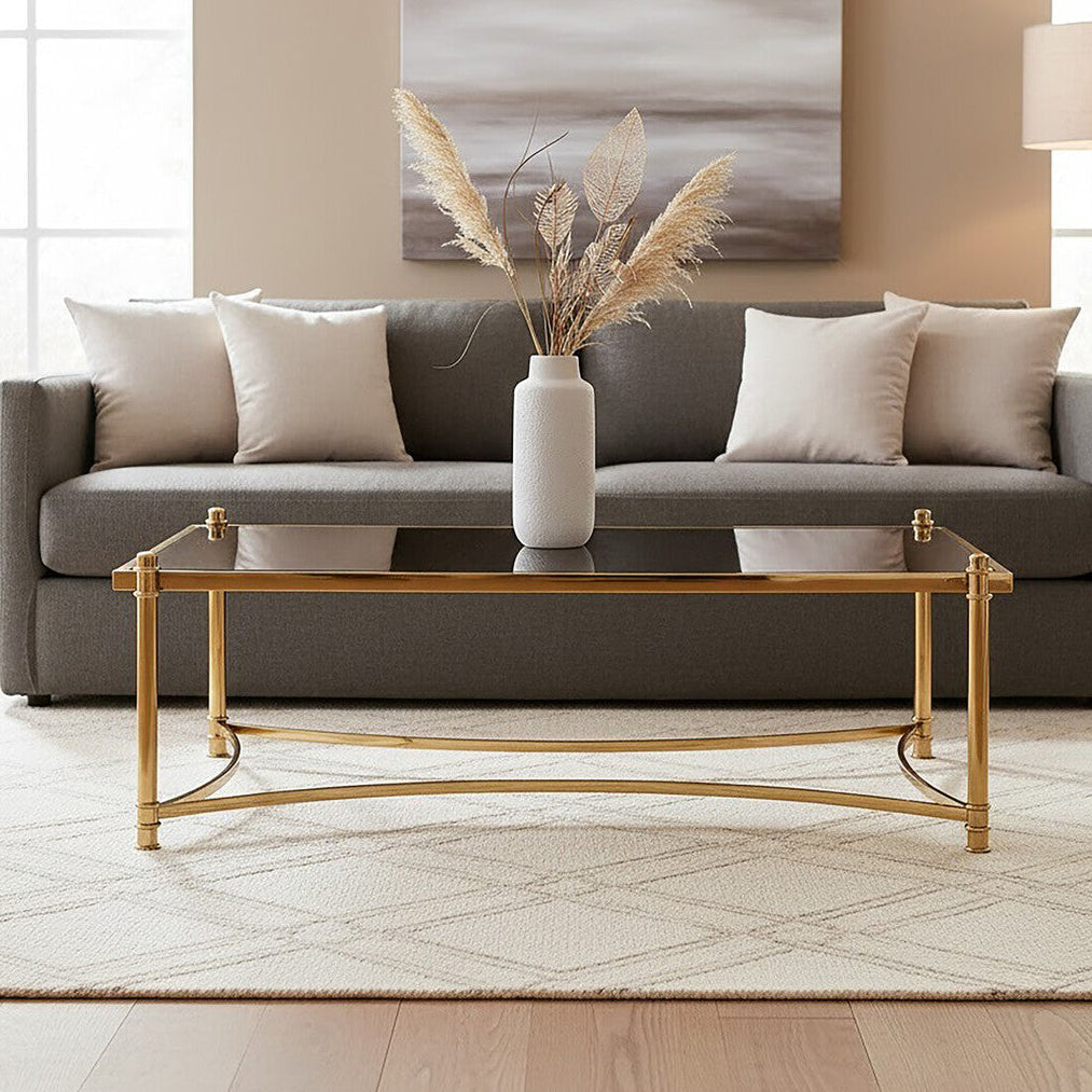 Gold Finish Base Coffee Table with Black Glass Top | Ackley