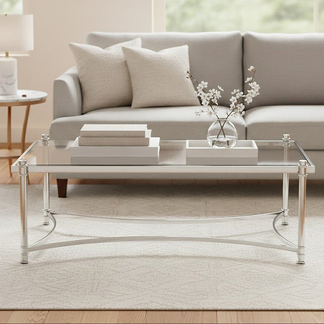Silver Finish Base Coffee Table with Clear Glass Top | Ackley