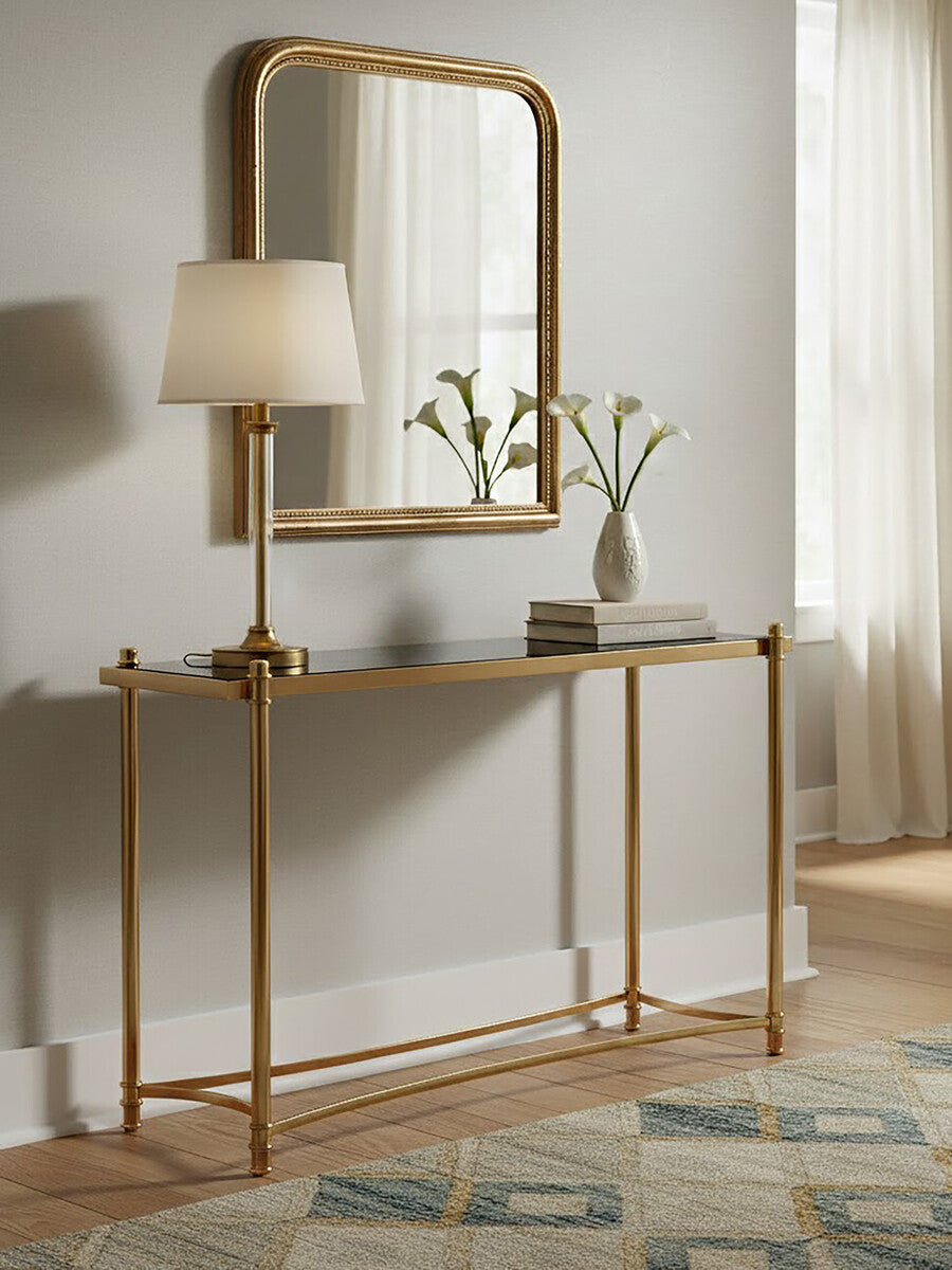 Gold Stainless Steel Base Console Table with Black Glass Top | Ackley