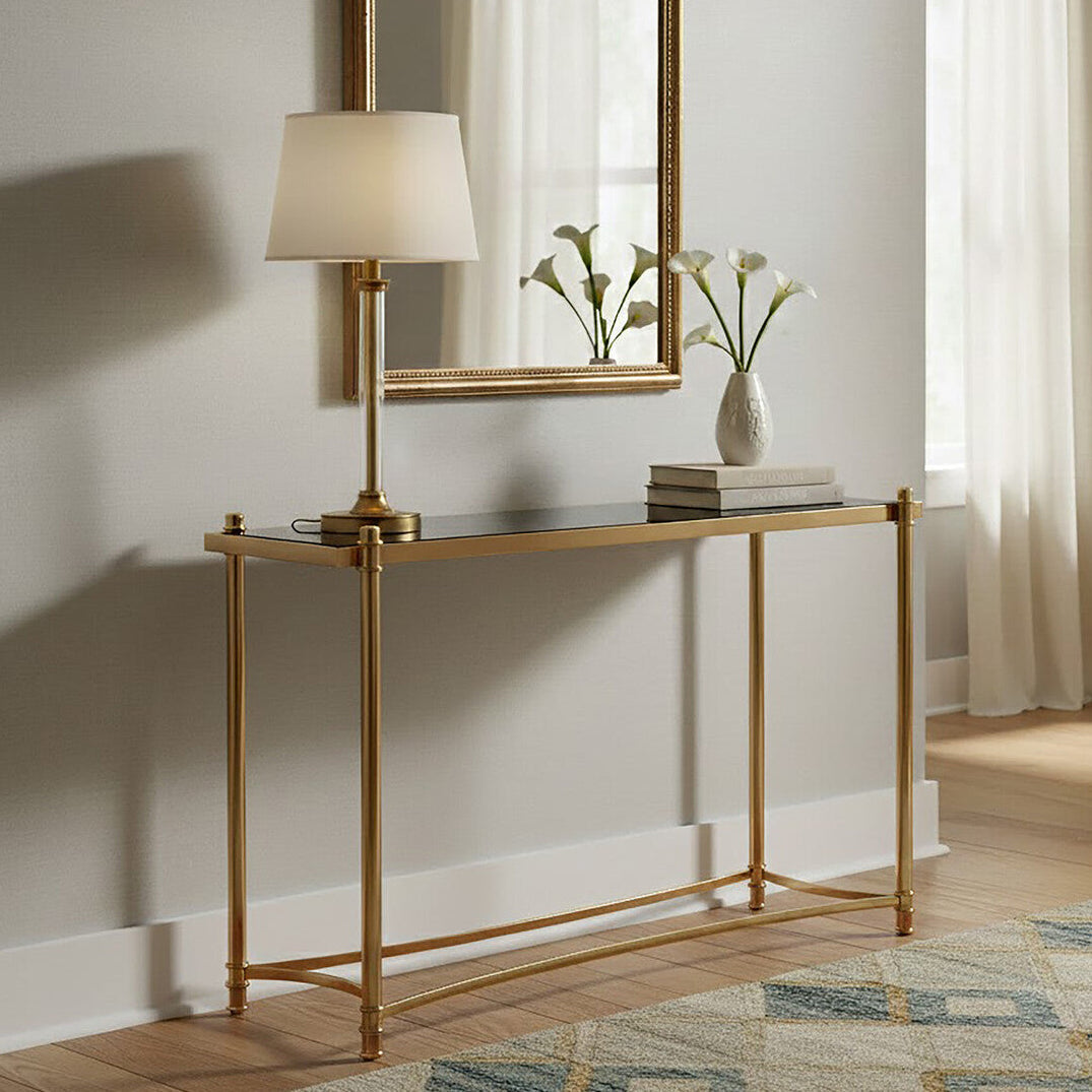 Gold Stainless Steel Base Console Table with Black Glass Top | Ackley