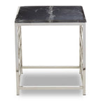 Black Marble Top Side Table with Silver Finish Geometric Stainless Steel Base | Aprilia