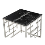 Black Marble Top Side Table with Silver Finish Geometric Stainless Steel Base | Aprilia
