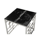 Black Marble Top Side Table with Silver Finish Geometric Stainless Steel Base | Aprilia