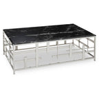 Black Marble Top Coffee Table with Silver Finish Geometric Stainless Steel Base | Aprilia