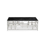 Black Marble Top Coffee Table with Silver Finish Geometric Stainless Steel Base | Aprilia