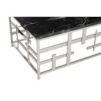 Black Marble Top Coffee Table with Silver Finish Geometric Stainless Steel Base | Aprilia